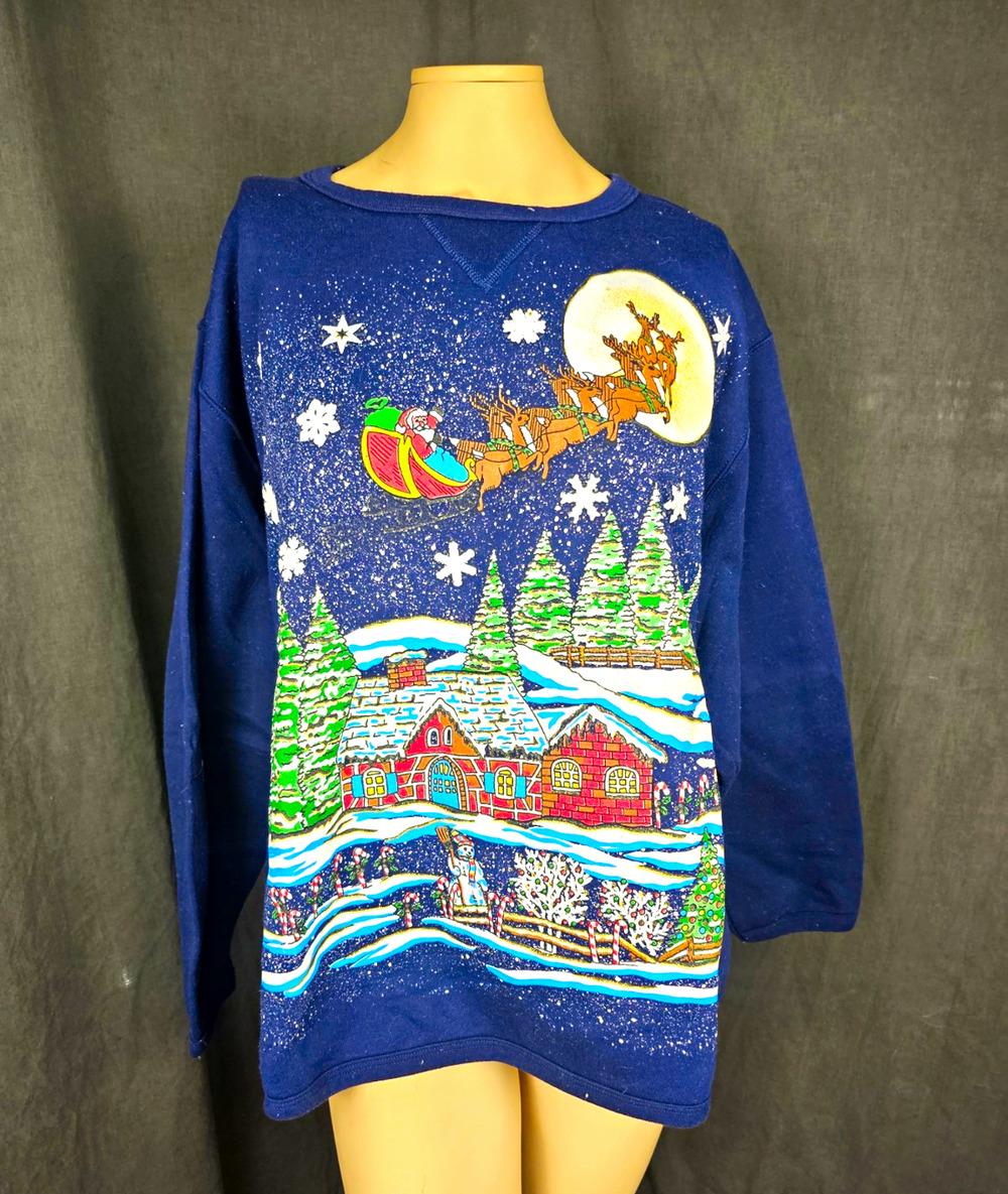 VTG 90s Christmas Sweatshirt Santa Sleigh Reindeer Snow Village Plus 18W 20W 2X